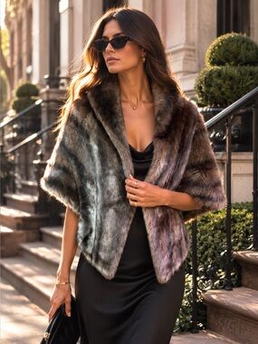 VINTAGE REGINA GLENARA BY GLENOIT Quiet Luxury Brown/Gray Faux Fur Wrap Shawl OS